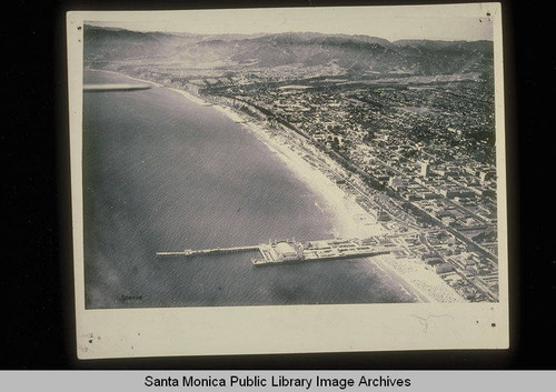 Aerial of the Santa Monica Pier and Santa Monica Mountains on August 23, 1931