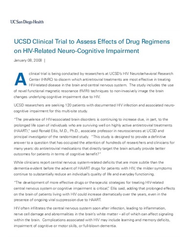 UCSD Clinical Trial to Assess Effects of Drug Regimens on HIV-Related Neuro-Cognitive Impairment