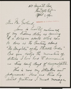 Glenn Ward Frank, letter, 1921-04-01, to Hamlin Garland