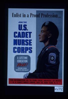 Enlist in a proud profession. Join the U.S. Cadet Nurse Corps. A lifetime education free! For high school graduates who qualify. For information go to your local hospital or write
