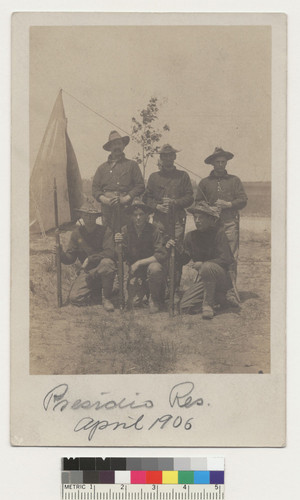 Presidio Res. April 1906. [Group portrait of soldiers. Postcard.]