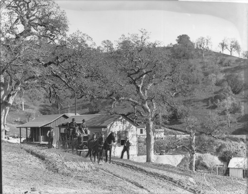 Four men and horse and coach in front of Josephine Mine office, Fresno County, California. [transparency]