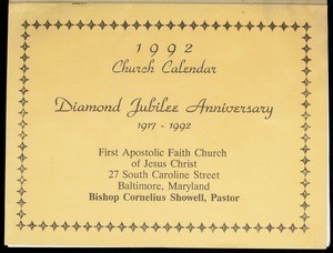 1992 church calendar, Diamond Jubilee Anniversary 1917-1992. First Apostolic Faith Church of Jesus Christ, Baltimore, Maryland