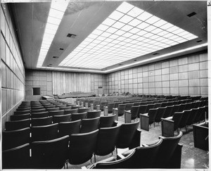 The ceiling lights in a judge's courtroom in the Los Angeles County Courthouse, Civic Center, 1958