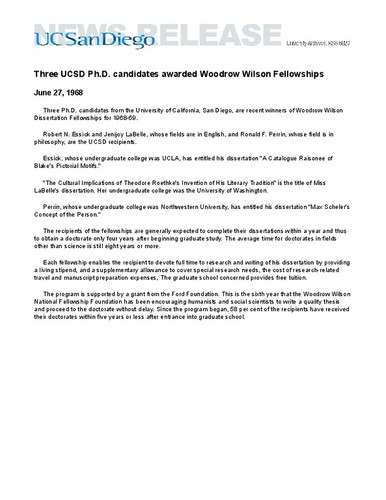 Three UCSD Ph.D. candidates awarded Woodrow Wilson Fellowships
