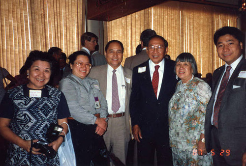 At the Mirawa Restaurant in Los Angeles, a group photo of Judge Tang, Lily Lum Chan, Mr. & Mrs. William Chan and Helen Kan