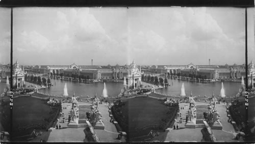 East from West Restaurant over West Cascade and Grand Basin to Education and Manufacture Buildings. Louisiana Purchase Exposition