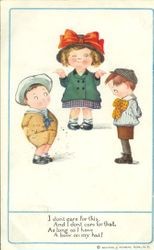 Greeting card with picture of little girl in big hat with two little boys, postmarked October 10, 1913