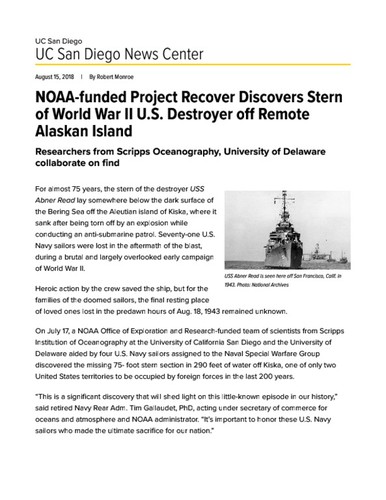NOAA-funded Project Recover Discovers Stern of World War II U.S. Destroyer off Remote Alaskan Island