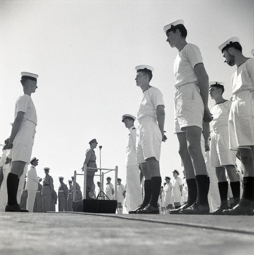 Sailors lined up during speech by Earl Alexander
