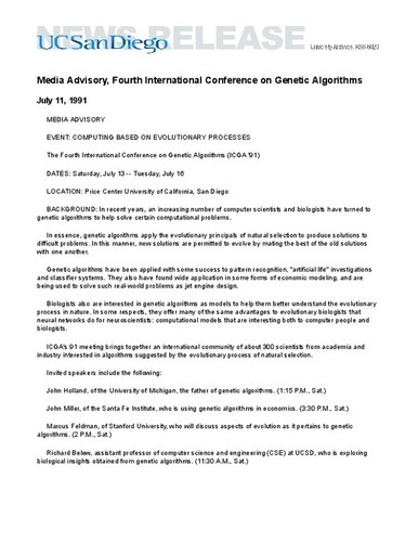 Media Advisory, Fourth International Conference on Genetic Algorithms