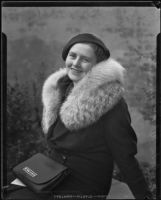 Portrait of Dorothy Chamberlin Hurtt wearing a fur-colloared coat, Los Angeles, 1936