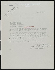 Joseph Schafer, letter, 1937-04-08, to Hamlin Garland