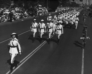 American Legion parade, Long Beach, drum corps, majorette, drum major, flag bearers