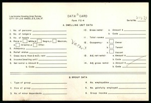 WPA Low income housing area survey data card 138, serial 21273, vacant