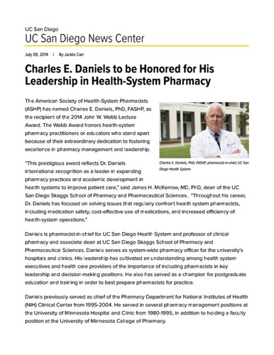 Charles E. Daniels to be Honored for His Leadership in Health-System Pharmacy