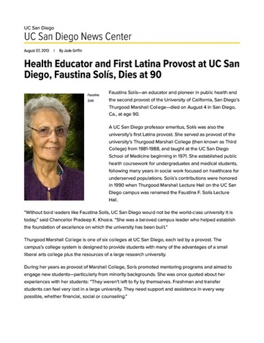Health Educator and First Latina Provost at UC San Diego, Faustina Solís, Dies at 90