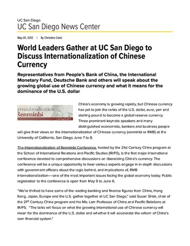 World Leaders Gather at UC San Diego to Discuss Internationalization of Chinese Currency