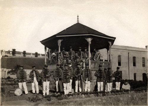 The San Quentin prison band in front of the gazebo at San Quentin State Prison, Marin County, California, circa 1910 [photograph]