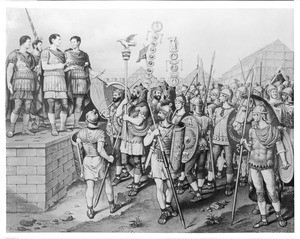 Painting depicting the emperor Trajan addressing Roman soldiers