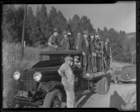 Men from the Pasadena Water Department on their way to fire in Eaton Canyon below Mt. Wilson Toll Road, Altadena, 1935