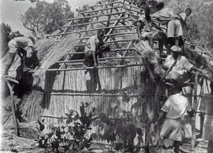 Group of young people building the roof of a building