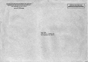 Envelope from the INS addressed to "Soon Hym, 2410 1-4 W. Temple St., Los Angeles, 90026 Calif."