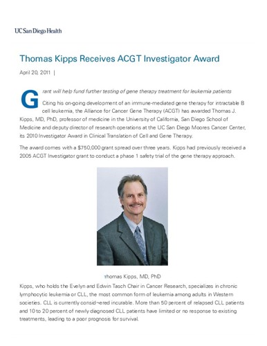 Thomas Kipps Receives ACGT Investigator Award