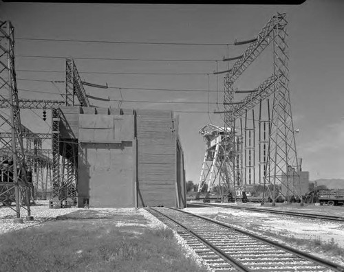 Transformers and bomb proofing at receiving station E at 5740 Whitnall Highway, North Hollywood, California