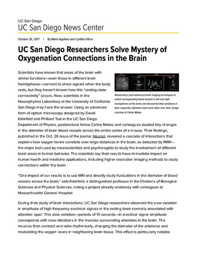 UC San Diego Researchers Solve Mystery of Oxygenation Connections in the Brain