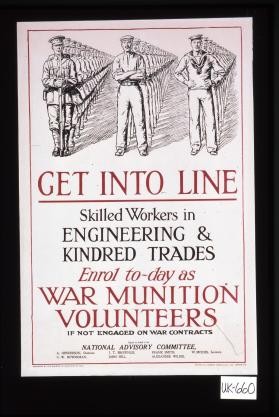 Get into line. Skilled workers in engineering & kindred trades enrol to-day as munitions volunteers