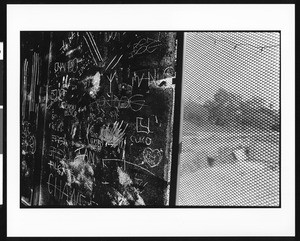 Wall with graffiti carved into it, Dolores, Los Angeles, 1996