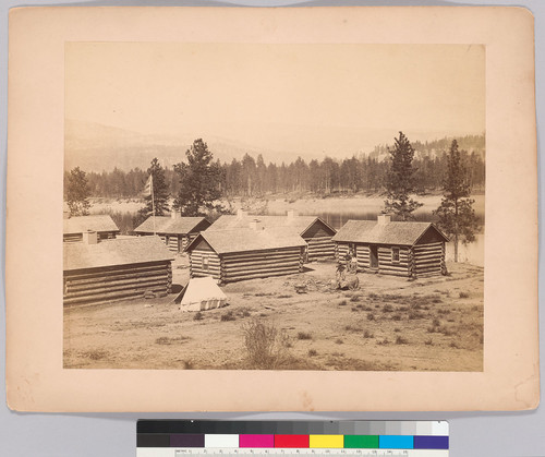 [Log huts, winter quarters of the British North American Boundary Commission on the banks of the Columbia, two miles above the Hudson's Bay Company's post at Colville: right portion of panorama.]