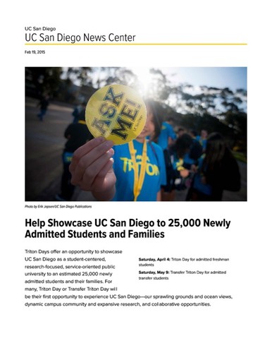 Help Showcase UC San Diego to 25,000 Newly Admitted Students and Families