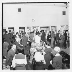Attendees mingle at the Zumwalt Chrysler-Plymouth Center Open House, Santa Rosa, California, 1971