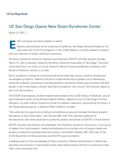 UC San Diego Opens New Down Syndrome Center