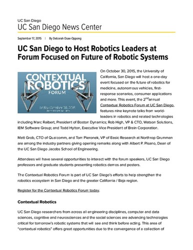 UC San Diego to Host Robotics Leaders at Forum Focused on Future of Robotic Systems