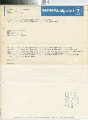 Telegram to Mayor from G. Ramirez 7/5/81