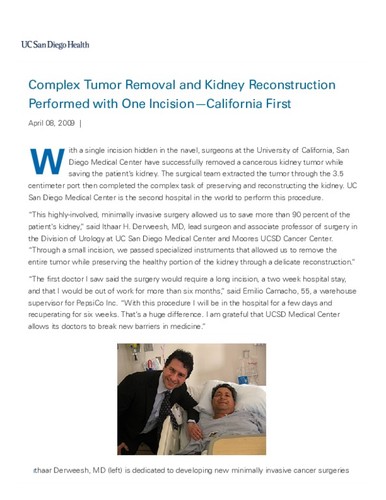 Complex Tumor Removal and Kidney Reconstruction Performed with One Incision—California First