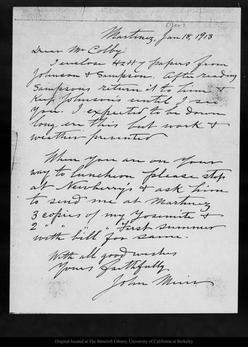 Letter from John Muir to [William] Colby, 1913 Jan 18
