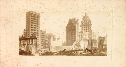 [View of ruins along "Newspaper Row" from the corner of Grant Avenue and Post streets]