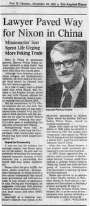 "Lawyer paved way for Nixon in China," LA Times 12/14/1981 - Harned Hoose obituary