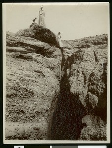 Point Lobos in Monterey, showing women climbing on rocks, ca.1900