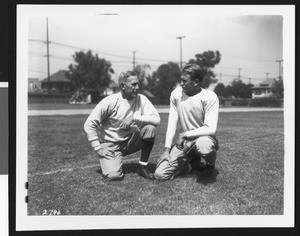 University of Southern California football coach Howard Jones and team captain Julie Bescos, Bovard Field, USC campus, 1934