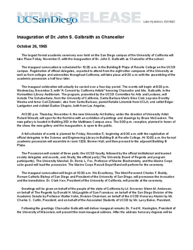 Inauguration of Dr. John S. Galbraith as Chancellor
