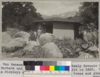 M. Van Rensselaer, Director of the Blaskesly Botanic Garden at Santa Barbara and the new display house built in 1937. This will contain displays and pictures of important trees and plants. 1937. Metcalf