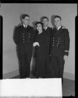 French naval officers with actress Jetta Goudal at a society function, Los Angeles, 1935