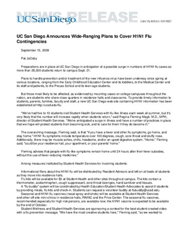 UC San Diego Announces Wide-Ranging Plans to Cover H1N1 Flu Contingencies