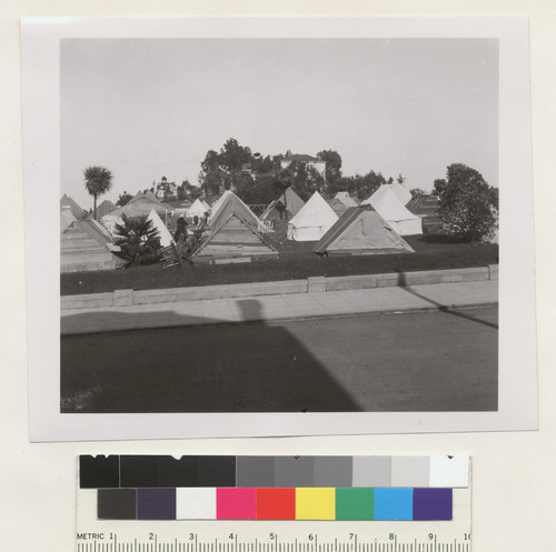 [Wooden shelters and tents at refugee camp. Lafayette Park?]