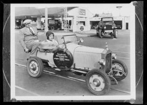 Mack Sennett girl in miniature car, Pacific Goodrich, Southern California, 1931